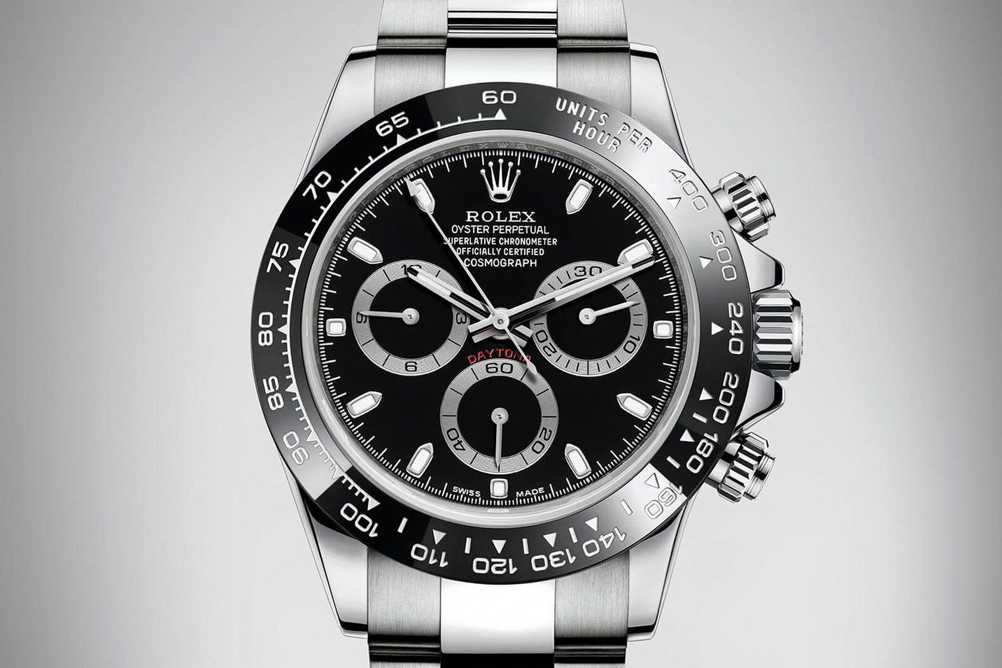 Die Rolex Oyster Perpetual Cosmograph Daytona 904L in Edelstahl mit schwarzem Ziffernblatt